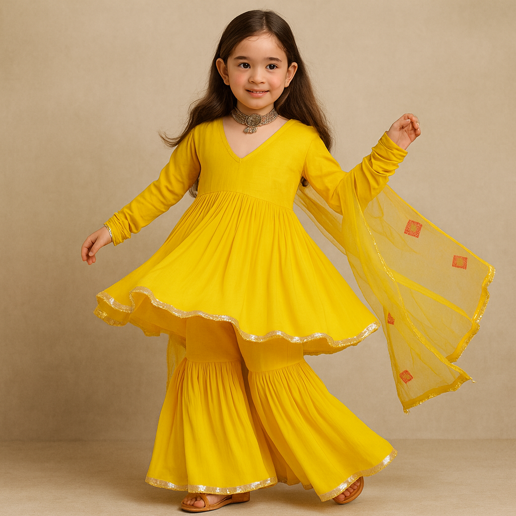 Pre Order: Yellow Kurti And Sharara Set