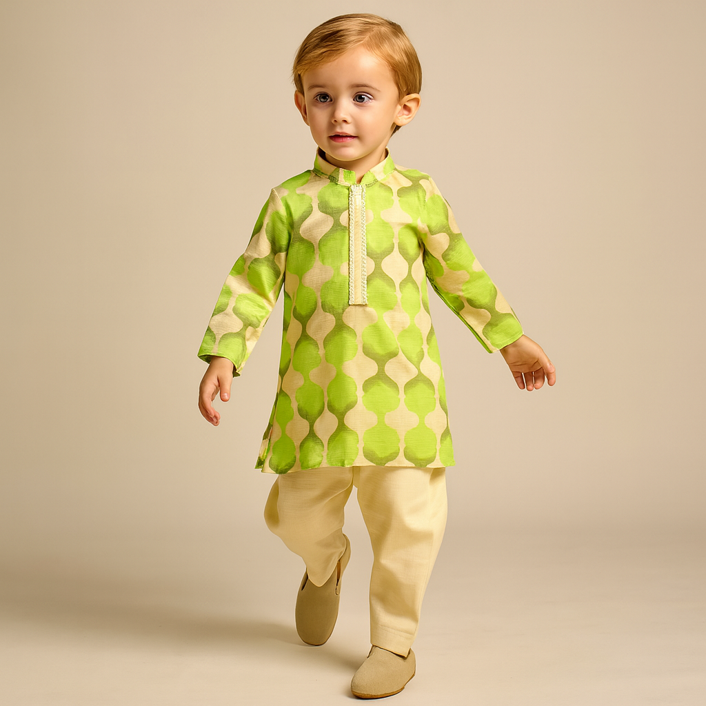 Pre Order: Embroidered Placket Green Kurta With Pyjama