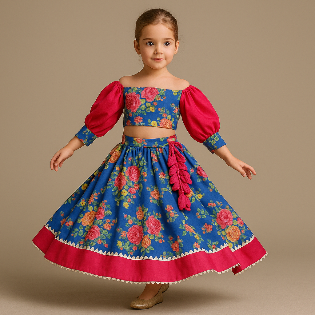 Pre Order: Silk Floral Top With Detachable Sleeves And Lehenga