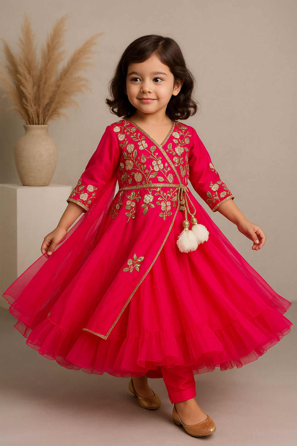 Pre Order: Exclusive V Neck Floral Embroidered Pink Anarkali