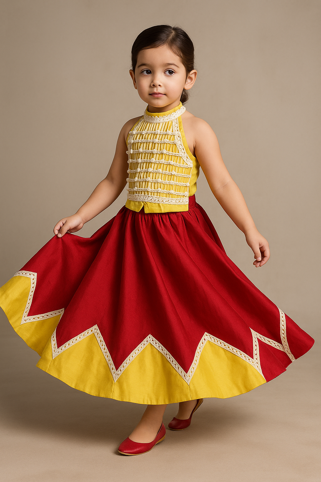 Pre Order: Exclusive Embellished Halter Neck Top With Faux Mirror Work Lehenga