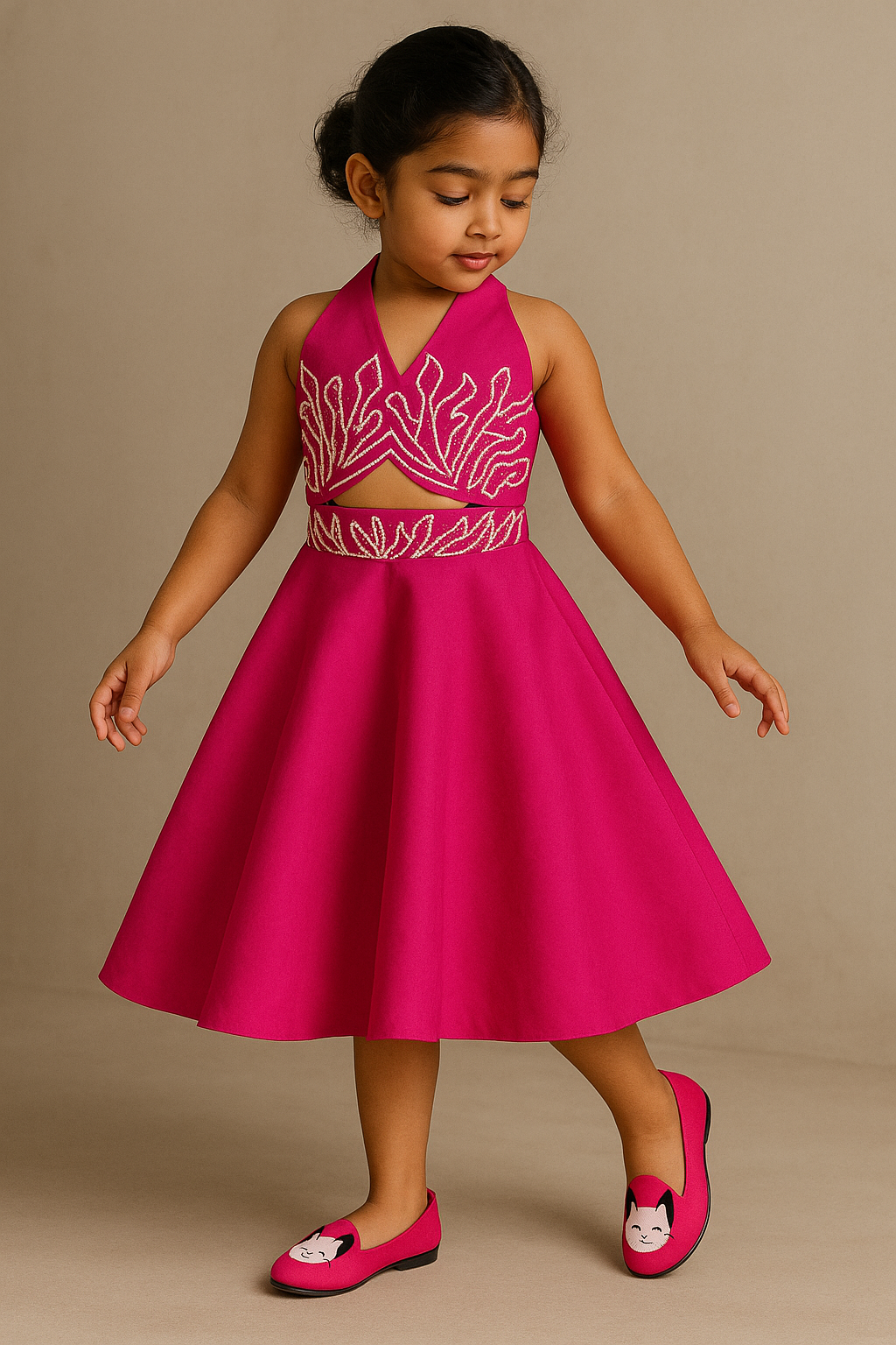 Pre Order: Exclusive Halter Neck Back Bow Enhanced Top With Flared Skirt