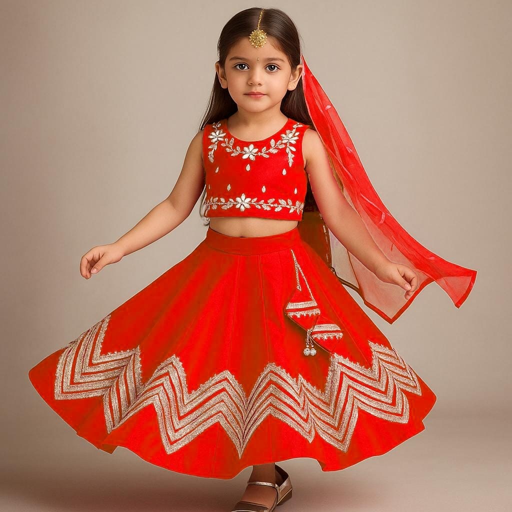 Pre Order: Gota Lace Enhanced Top And Lehenga With Net Dupatta
