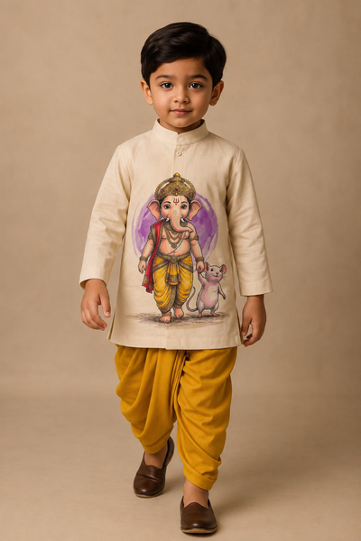 Pre Order: Off White Ganesha And Mushak Kurta With Yellow Dhoti