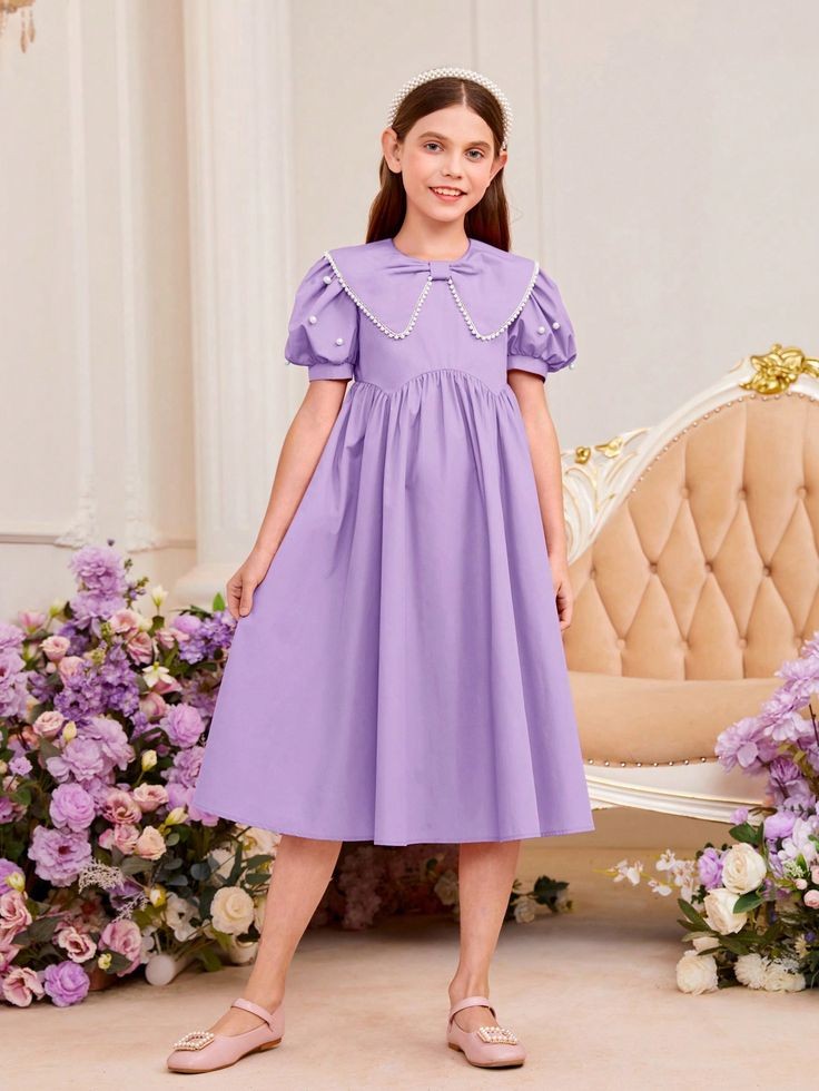 RTD Pre Order: Cute White Laced Bow Neck Purple Colour Cotton Dress