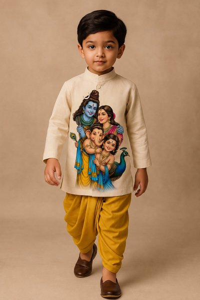 Pre Order: Off White Ganesha Family Kurta With Yellow Dhoti