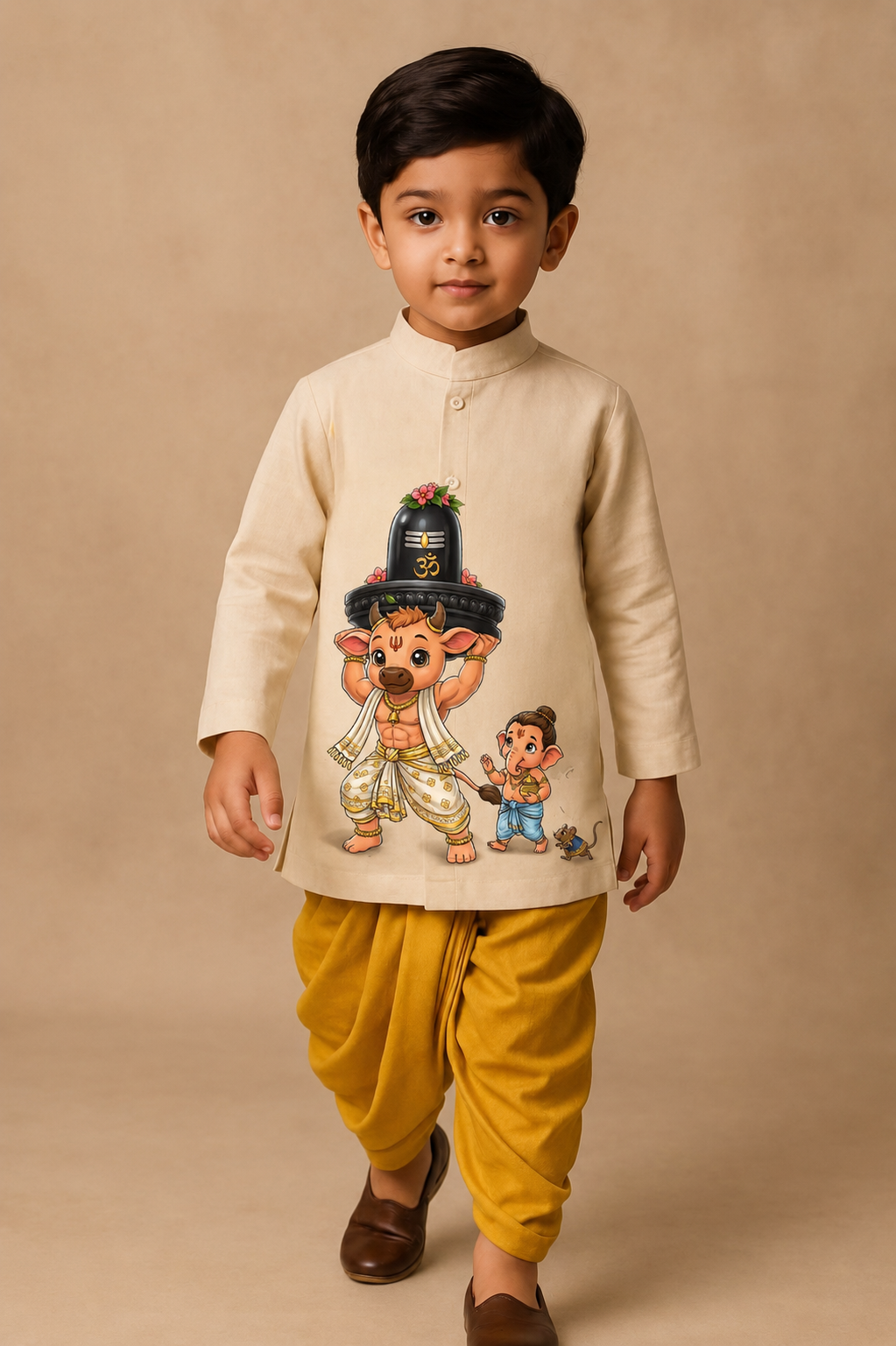 Pre Order: Off White Kurta Nandi and Ganesha With Yellow Dhoti