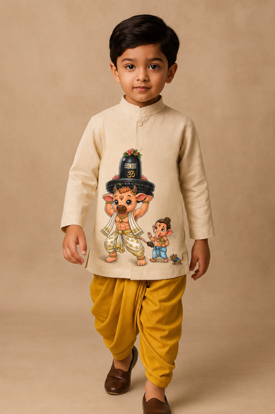Pre Order: Off White Kurta Nandi and Ganesha With Yellow Dhoti