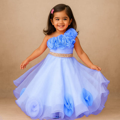 Organza One Shoulder Top And Flower Adorned Flared Lehenga