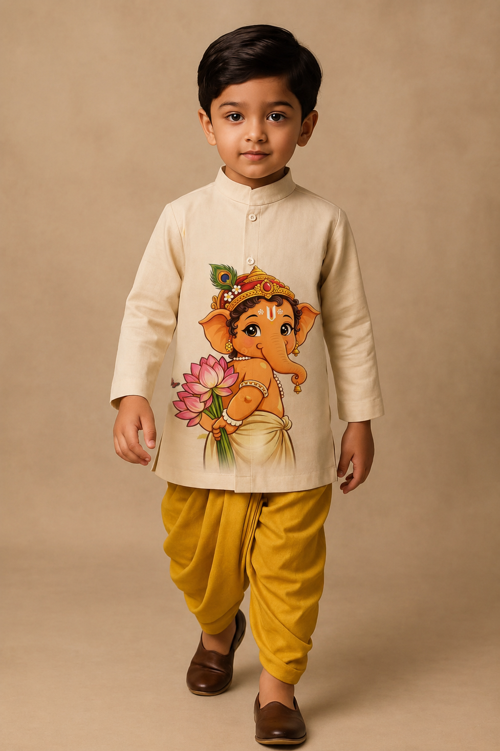Pre Order: Off White Ganesha With Morpankh Kurta With Yellow Dhoti