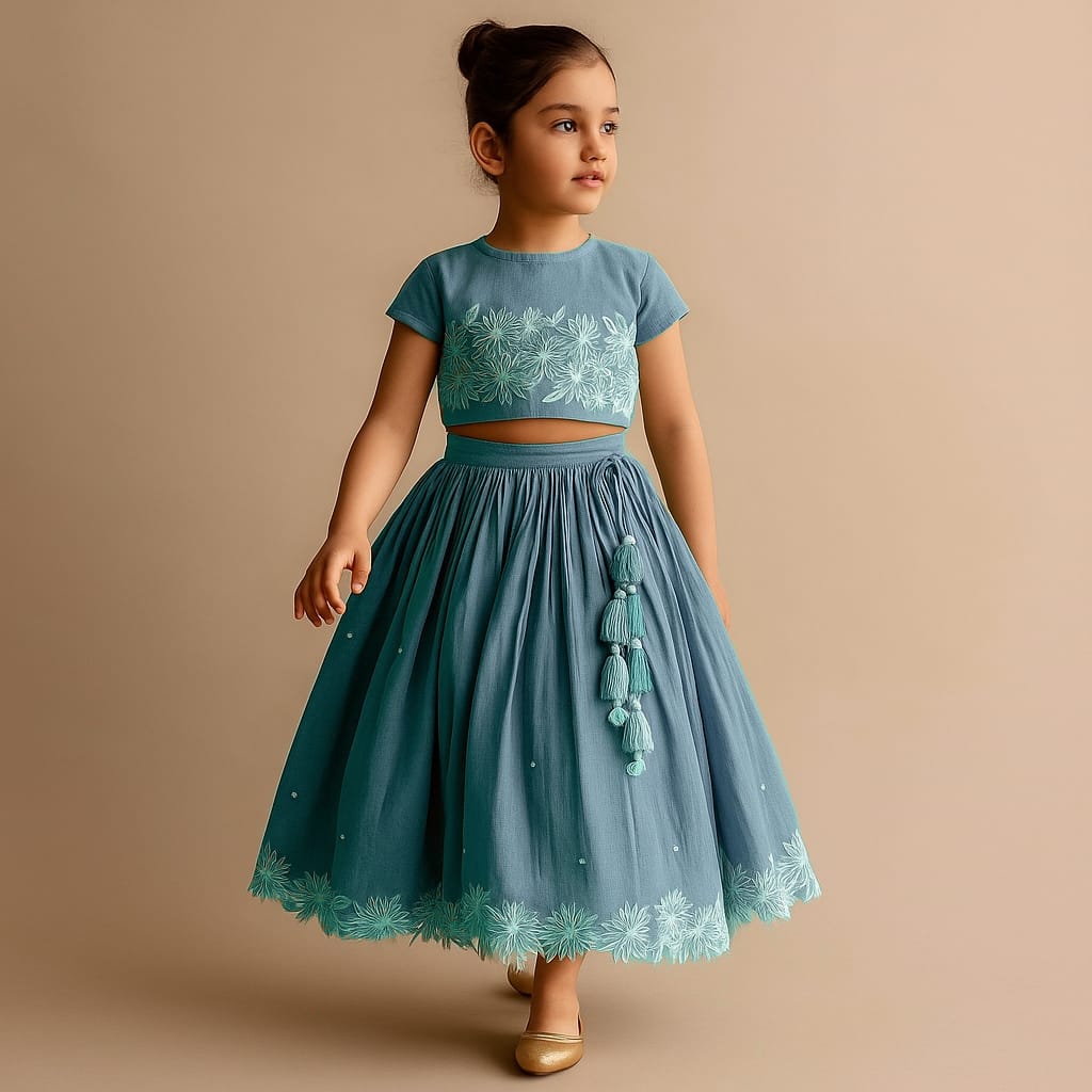 Pre Order: Pleated Neckline Top And Fringes Tassels Enhanced Lehenga