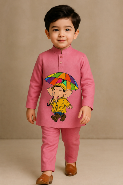 Pre Order : Pink Ganesha With Umbrella Kurta Set