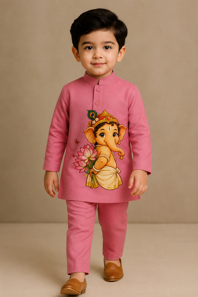 Pre Order : Pink Ganesha With Morpankh Kurta Set