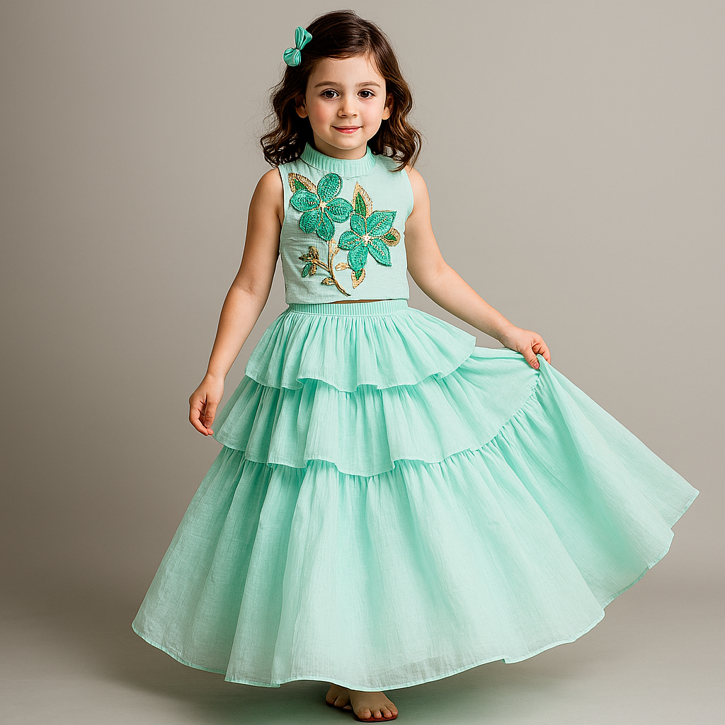Pre Order: Floral Thread Embroidered Pleated Neck Top With Ruffle Layered Lehenga