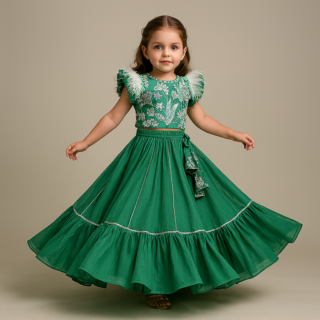 Pre Order: Sequins And Embroidered Top With Frilly Hem Lehenga