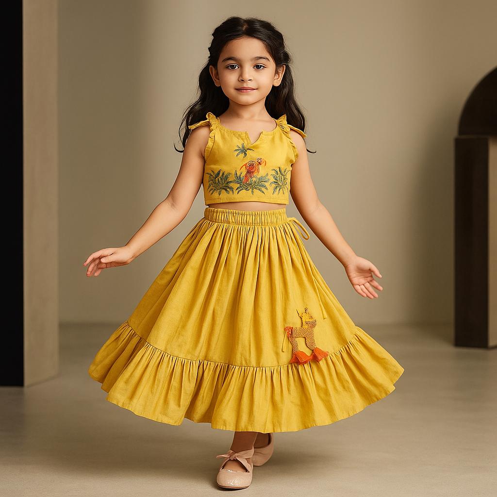 Pre Order: Jungle Theme Embroidered Top And Flared Lehenga