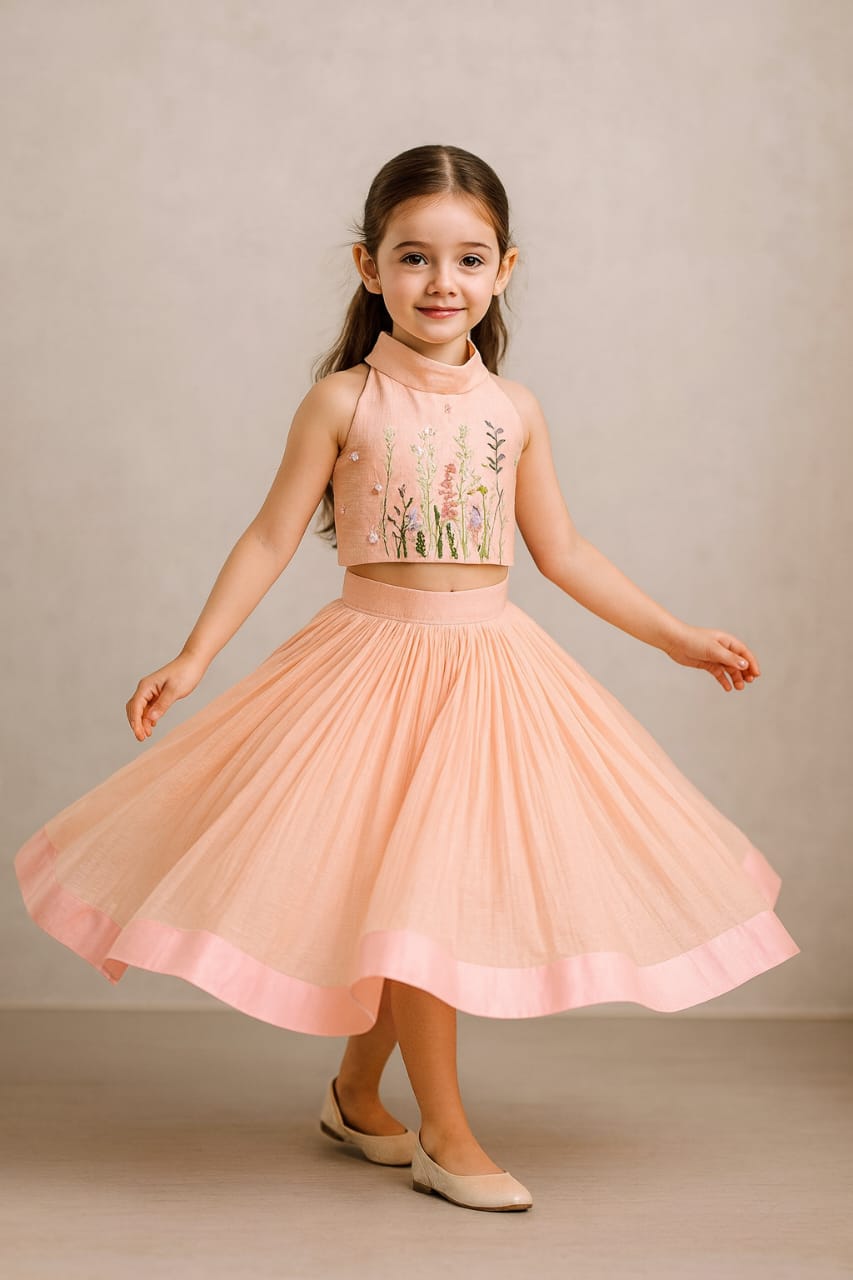 Pre Order: Halter Neck Floral Embroidered Top With Pleat Detailed Lehenga
