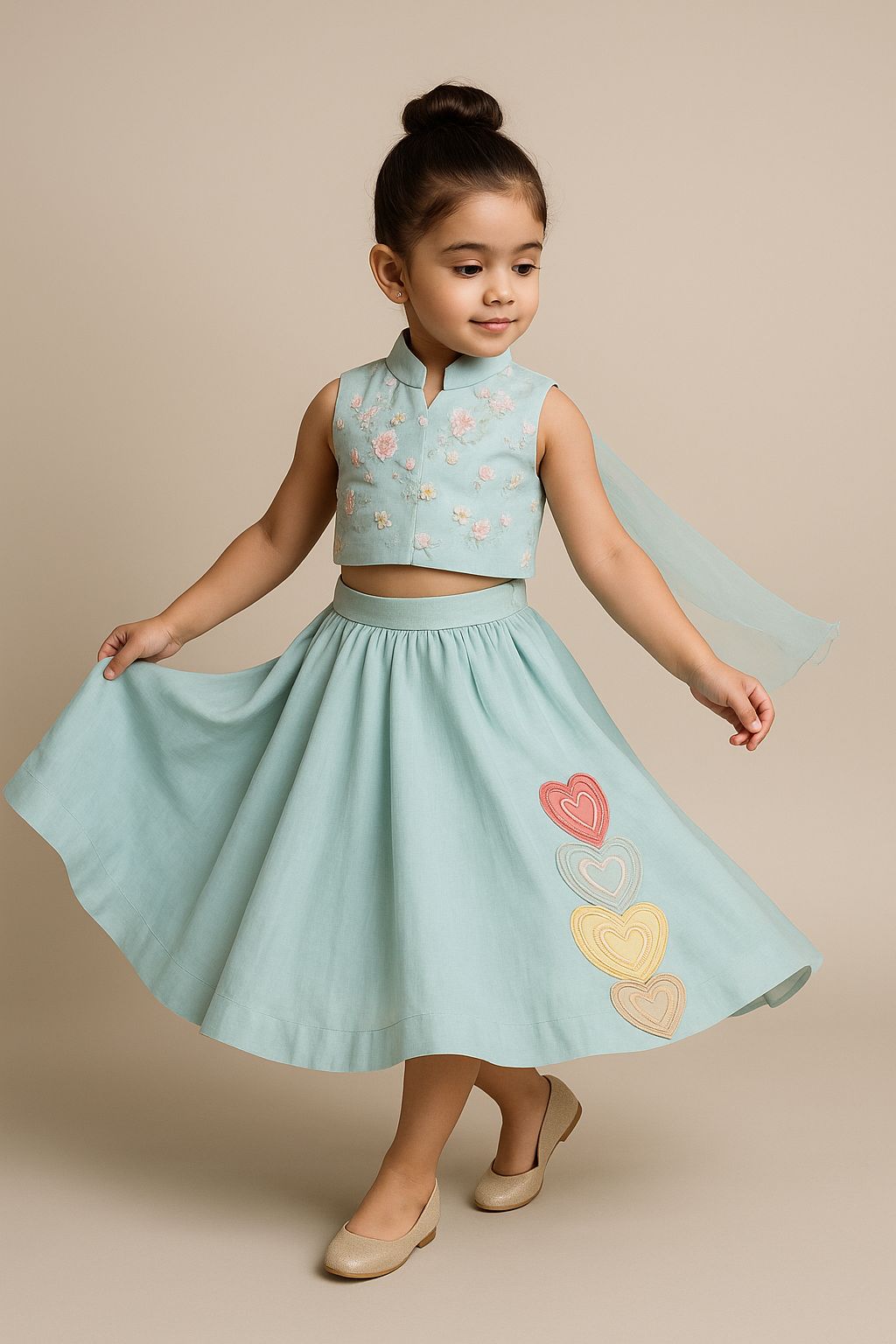 Pre Order: Tiny Hearts Embroidered Blue Top And Lehenga