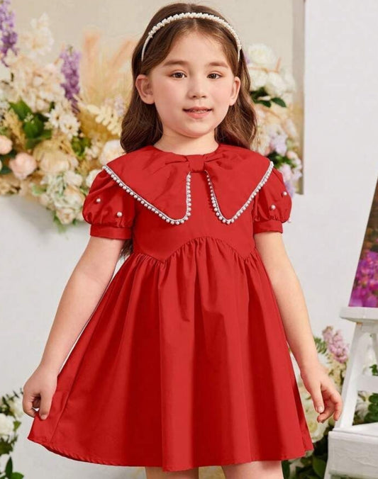 Pre Order: Divine White Laced Bow Neck Red Colour Cotton Dress