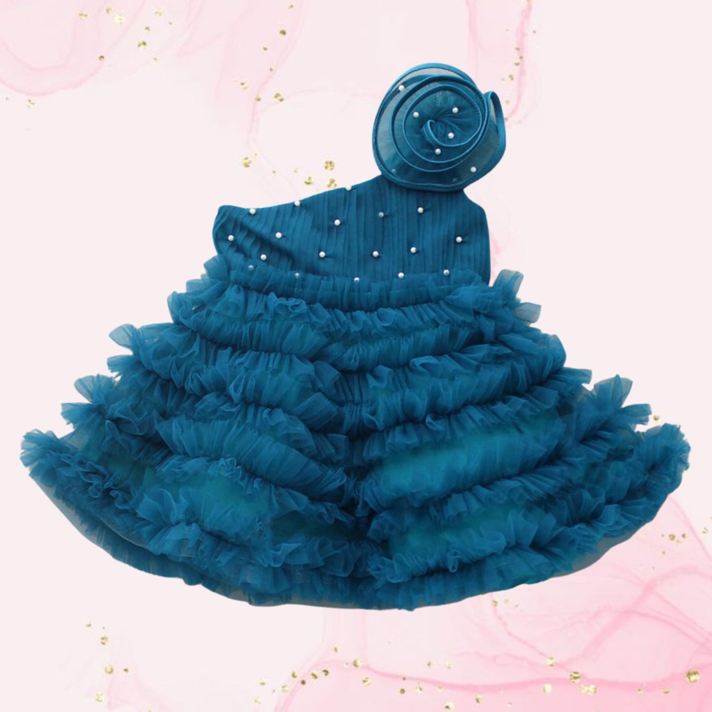 Pre Order: Teal Swirl One Shoulder Frilled Dress
