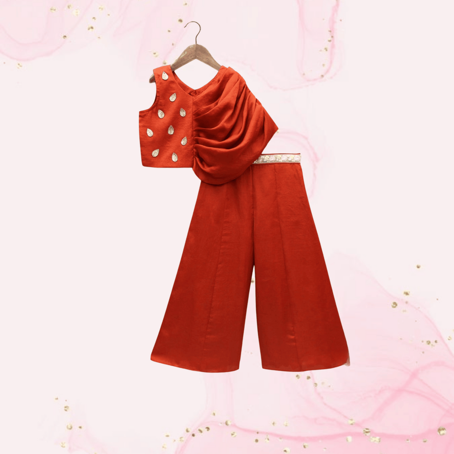Pre Order: Leaf Adorned Rust Crop Top And Flared Palazzo