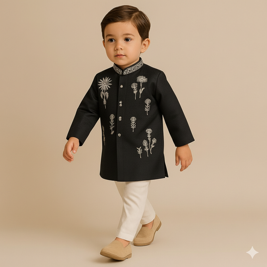 Pre Order: Black Embroidered Kurta And Pyjama