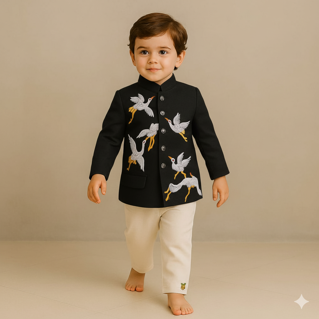 Pre Order: Black Bird Embroidered Sherwani With Off White Pyjama