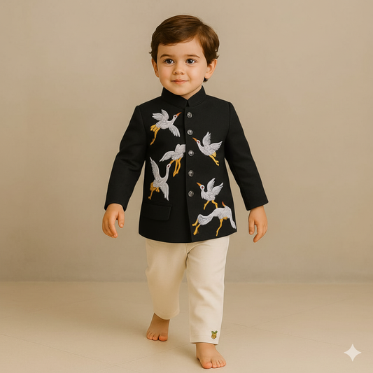 Pre Order: Black Bird Embroidered Sherwani With Off White Pyjama