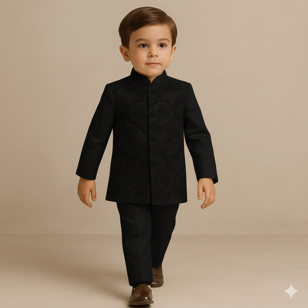 Pre Order: Black Embroidered Sherwani and Pyjama