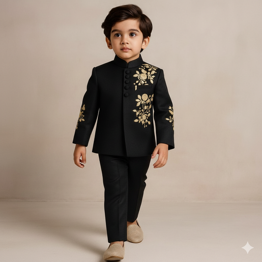 Pre Order: Black Sherwani With Embroidery And Pant