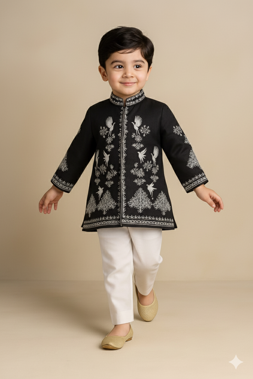 Pre Order: Black Bird Embroidered Sherwani And Pant