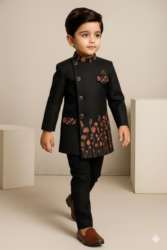 Pre Order: Embroidered Black Stylish Sherwani And Pant