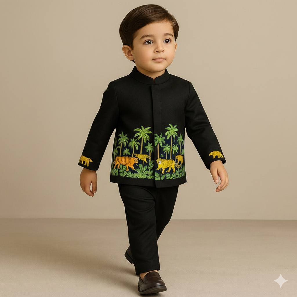 Pre Order: Jungle Theme Embroidered Black Sherwani With Pant