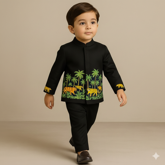 Pre Order: Jungle Theme Embroidered Black Sherwani With Pant