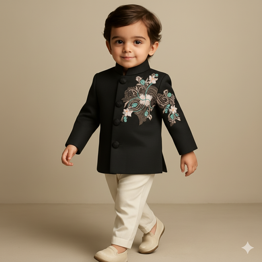Pre Order: Black Beautiful Embroidered Sherwani With Cream White Pyjama