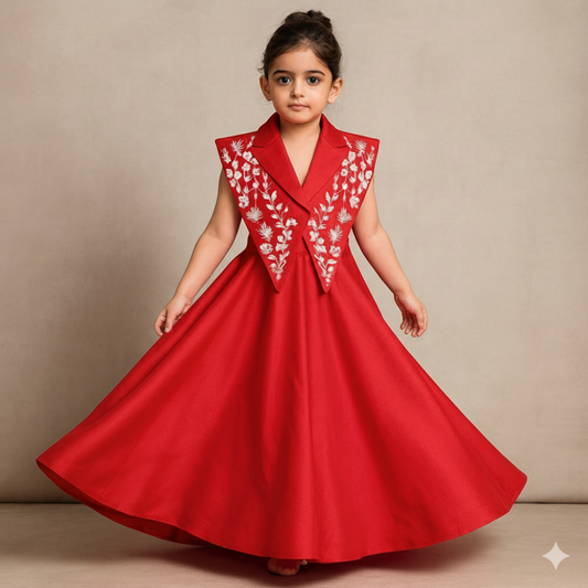 Pre Order:Red Gown With Embroidered Vest