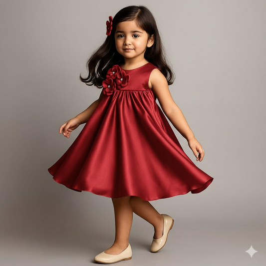 Pre Order: Red Flared Dress With Floral Embellishments