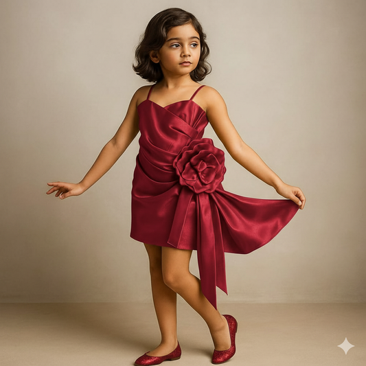 Pre Order: Red Glass Silk Flower Enhanced Sheen Strappy Dress