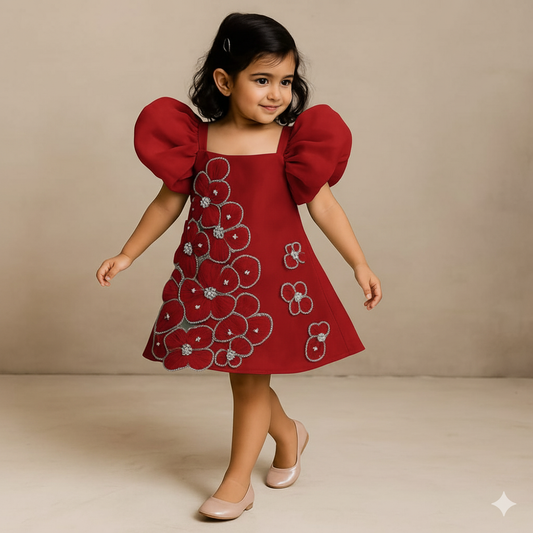 Pre Order: Artificial Flowers Embellished Teal Dress