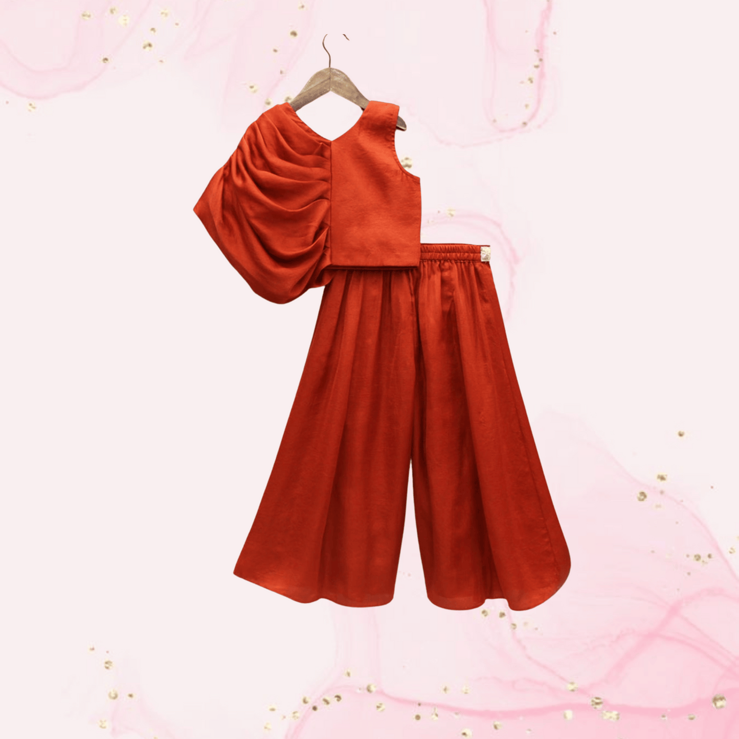 Pre Order: Leaf Adorned Rust Crop Top And Flared Palazzo