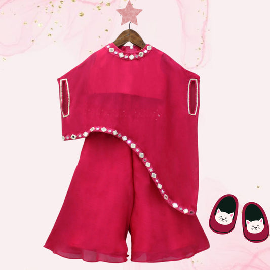 RTD Red Top With Asymmetric Stylish Cape And Palazzo