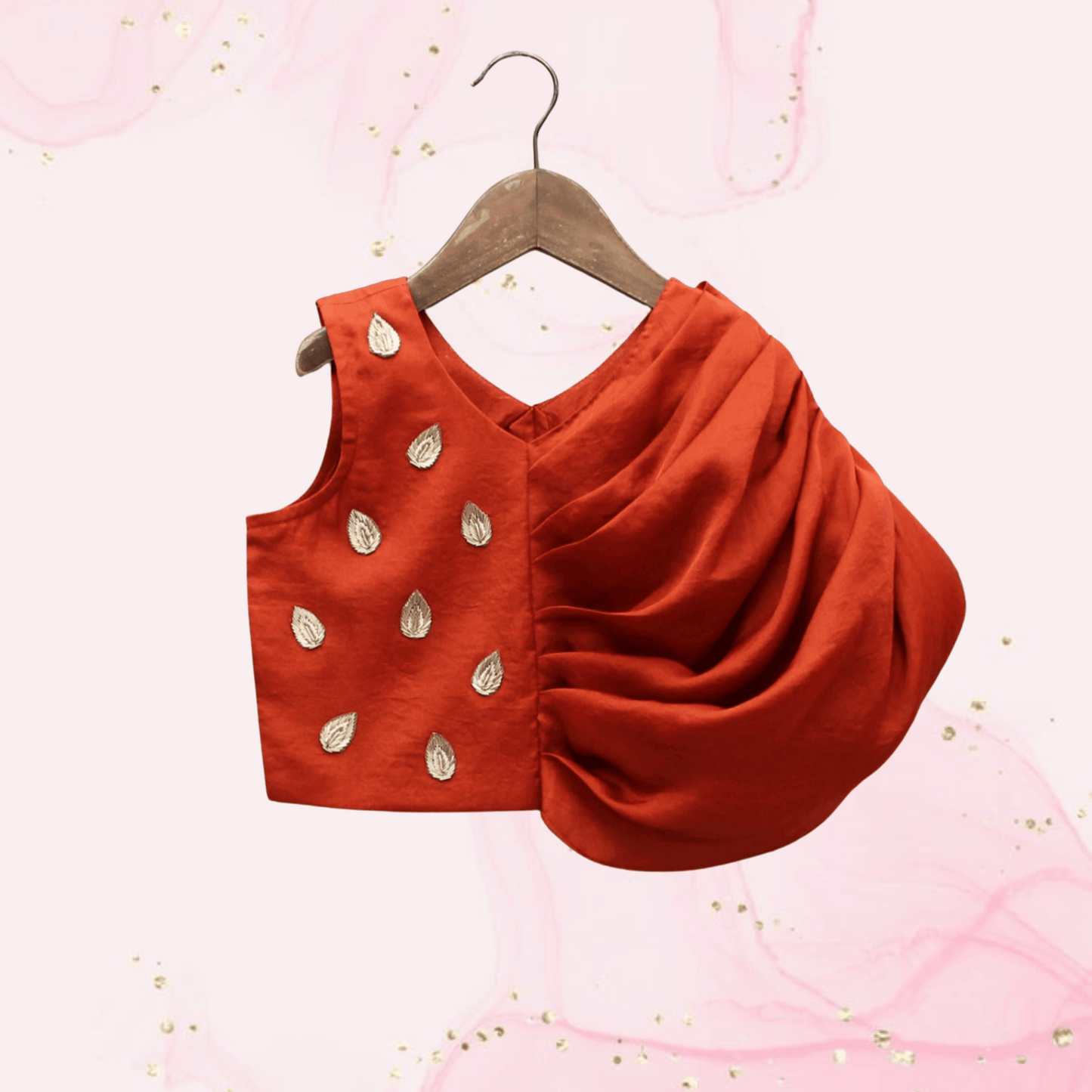 Pre Order: Leaf Adorned Rust Crop Top And Flared Palazzo