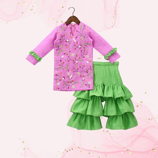 Pink Kurti And Fancy Triple Layered Sharara