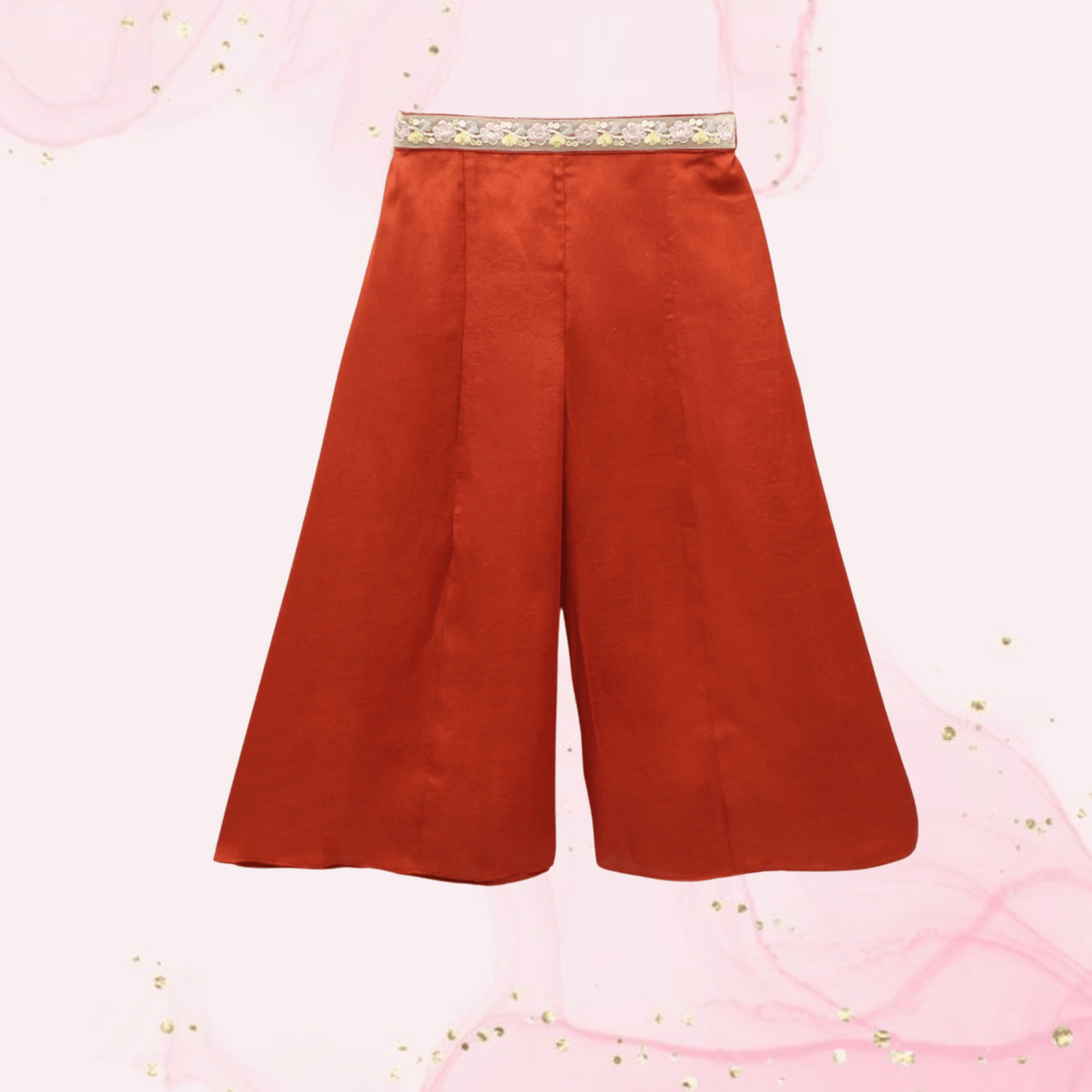 Pre Order: Leaf Adorned Rust Crop Top And Flared Palazzo