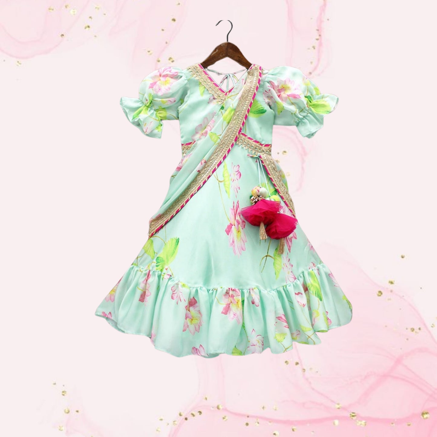 Pre Order: Floral Printed Blue Anarkali With Attached Dupatta