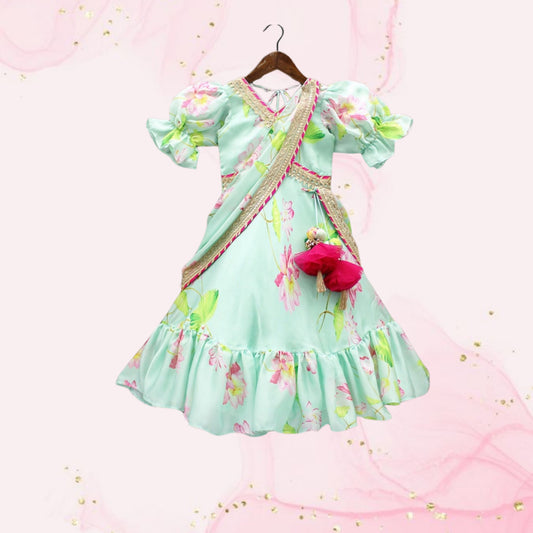 Pre Order: Floral Printed Blue Anarkali With Attached Dupatta
