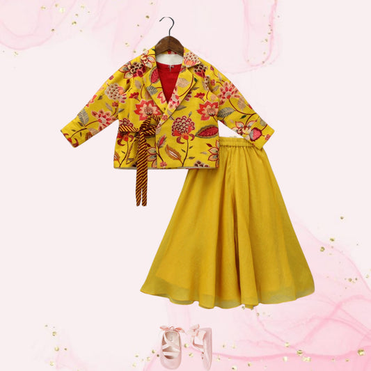 Pre Order: Red Crop Top With Notched Collar Jacket And Flared Palazzo