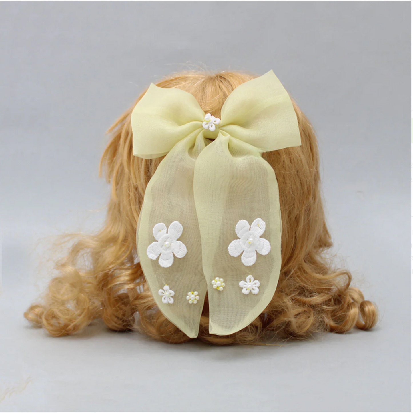 Pre Order: Beautiful Embroidered Organza Yellow Bowie Hair Clip