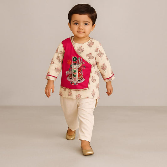 Pre Order: Shreenath Ji Embroidered Flap Kurta And Pyjama Set