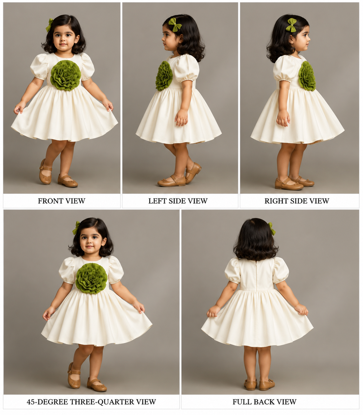 Pre Order: Flower Adorned Elegant Off White Puff Sleeve Dress